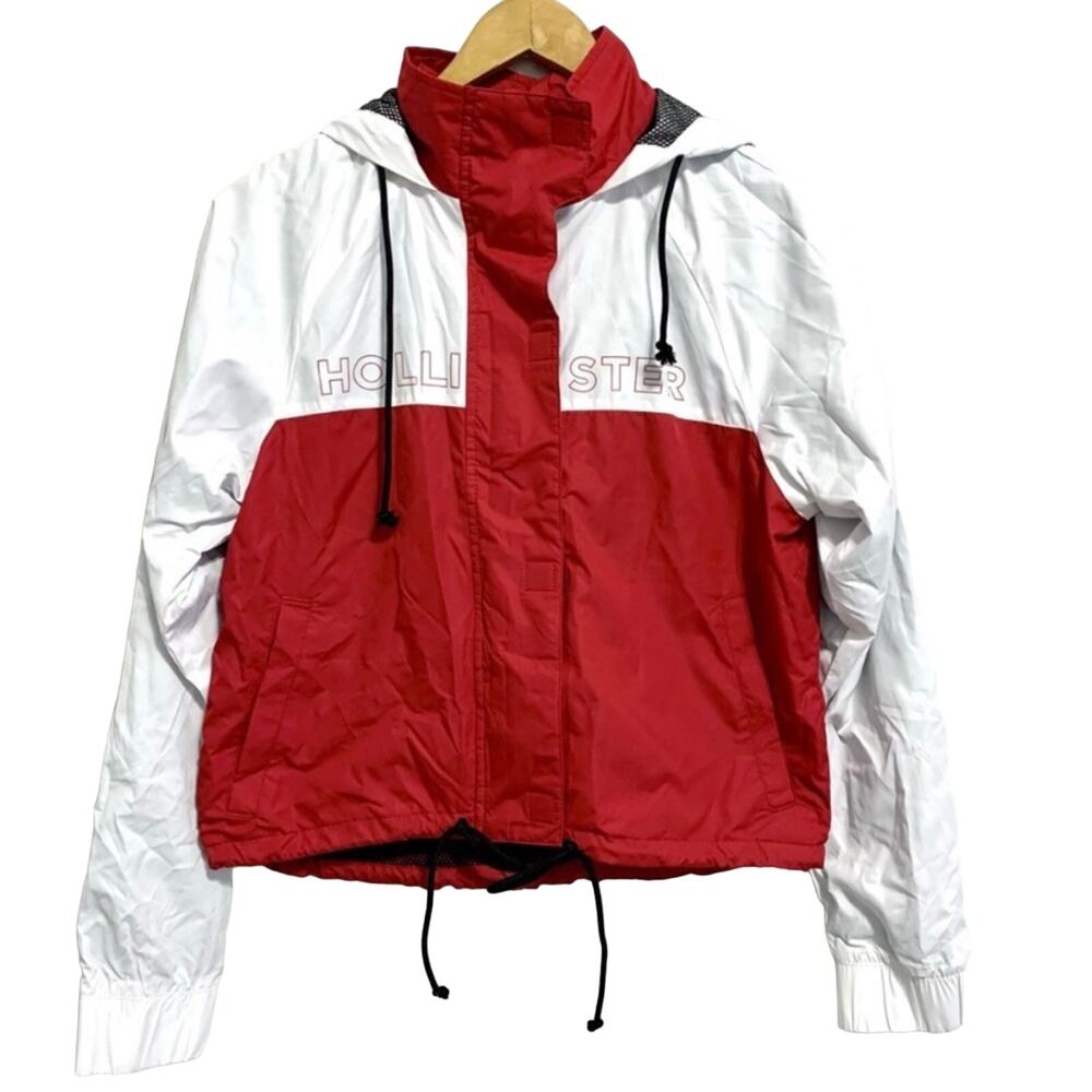 Hollister White and Red Colorblock Hoodie Windbreaker